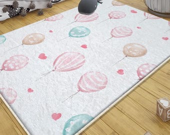 Girls Nursery Rug with Pink Hearts & Green Balloons, Cute Kids Room Decor Gift with Pillow Case, Baby Girl Room Accent Mat