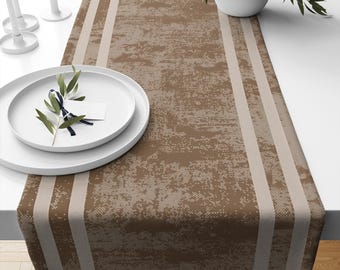 Table Runner Brown Watercolor Geometric with Cream Border Lines, Traditional Dining Room Decor, Textile Accent for Home Table