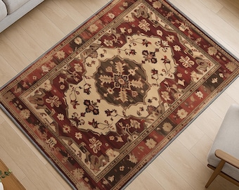Red and Beige Oriental Vintage Rug - Washable Antique Border Chenille Carpet - Classic Medallion Design for Living Room or Dining Area