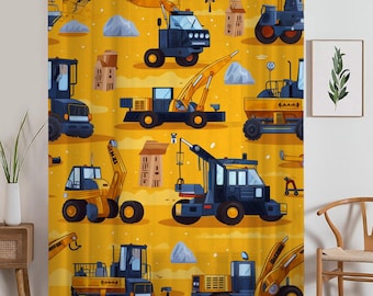 Yellow Construction Equipment  Sheer Curtain for Kids Room, Lightweight Work Machine Nursery Net Voile, Kids Room Window Drapes