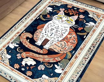 Cat Rug Botanical Cottagecore Decor, Whimsical Cat Lovers Gift, Moody Maximalism Dark Academia Woodland Gothic Rugs Perfect for Housewarming