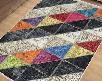 Colorful Geometric Kilim Rug Runner, Boho Patchwork Area Rug, Turkish Anti-Slip Accent Carpet with Pillow Case Gift, Chenille Washable Rug
