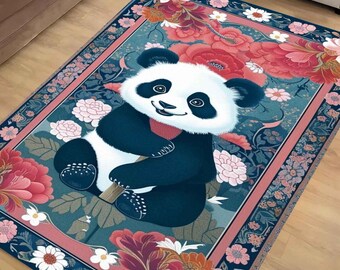 Panda Rug Floral Carpet – Maximalist Non-Slip Area Rug for Living Room, Bedroom & Girls Room Decor, Unique Gift for Panda Lovers