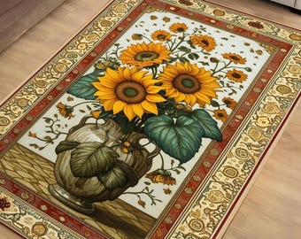 Sunflower Area Rug for Living Room & Bedroom, Traditional Rustic Colorful Flowers Rug, Painting Style Floral Decor Kitchen Mat