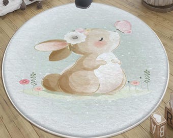 Round Rabbit Kids Nursery Rug with Pillow Case Gift, Cute Animal Baby Shower Decor, Soft Kids Room Carpet for Toddlers & Babies