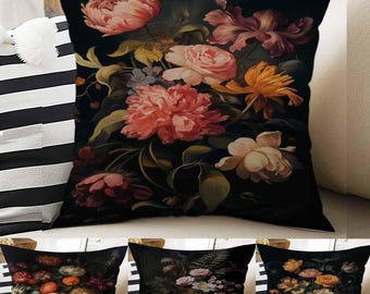 Dark Academia Moody Pillow Cover, Victorian Flowers Cushion, Decorative Throw Pillowcase, Dark Cottagecore Floral Home Decor