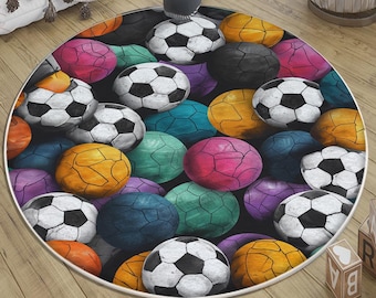 Colorful Round Football Rug for Kids Playroom with Pillowcase - Cute Sports Nursery Decor Gift for Baby & Toddler Room