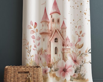 Pink Medieval Castle Girls Kids Curtains & Pillow Covers, Custom Nursery Drapes, Room Decor for Girls ’ Bedroom Window Treatment