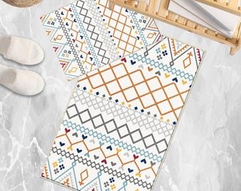 Aztec Boho Bathroom Rug Non Slip Quick Dry Bath Mat - Orange Blue Gray Geometric Toilet Mat, Soft Washable Modern Decor