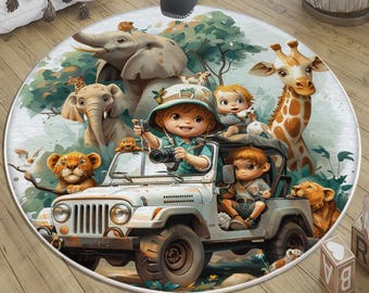 Round Safari Animal Nursery Rug with Pillowcase, Cute Kids Room Decor, Baby Shower Gift, Baby Room Carpet, Toddler Play Mat