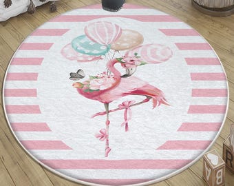 Pink Flamingo Baby Nursery Rug with Pillowcase, Cute Ballerina Girl Room Decor, Round Kids Rug Gift for Toddler Girl Room
