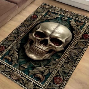 Gothic Skull Rug, Vintage Occult Black Skull Area Rug, Dark Academia Home Decor, Halloween Decor Carpet, Chenille Washable Rug