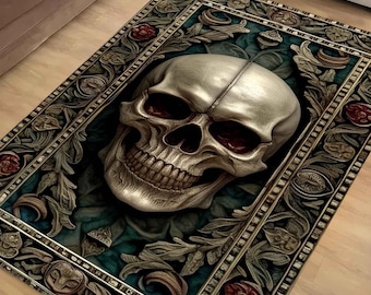 Gothic Skull Rug Vintage Occult Black Skull Area Rug Dark Academia Home Decor Halloween Decor Rug Mystical Boho Macabre Accent Mat