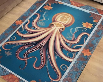 Octopus Area Rug with Persian Border – Unique Ocean Theme Carpet, Sea Creature Art Maximalist Decor for Living Room Statement Floor Covering