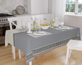 Gray White Greek Key Geometric Lines Pattern Tablecloth, Modern Dining Accent Cover, Rectangle tablecloth, Housewarming gift
