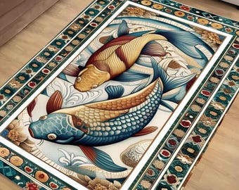Koi Fish Rug – Colorful Japanese Design Area Rug for Living Room, Office & Home Decor, Unique Gift for Him Her, Housewarming Pond Art Carpet