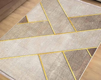 Brown Yellow Geometric Area Rug Runner, Modern Abstract Anti-Slip Accent Carpet with Pillowcase Gift, Unique Room Mat, Chenille Washable Rug