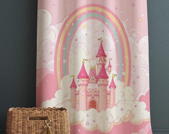 Pink Princess Castle Curtains for Girls Bedroom, Custom Size Window Drapes with Rainbow Design, Nursery Decor & Gift Pillow Case