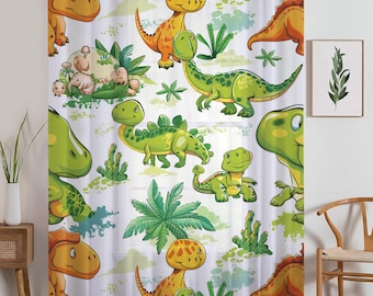 Dinosaur Sheer Curtain for Kids Room, Lightweight Green Orange Dino Jurassic Nursery Net Voile, Kids Room Window Drapes, Machine Washable