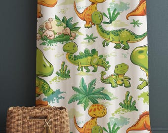 Kids Room Curtains Green Orange Dinosaur Drapes, Custom Size Window Panels & Gift Pillow Covers for Boys' Nursery Decor