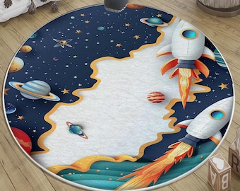 Galaxy Space Planets Kids Nursery Rug - Round Washable Non-Slip Kids Room Decor with Pillowcase Gift for Baby & Toddler Room