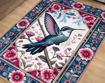 Hummingbird Area Rug with Flowers – Rustic Nature-Inspired Soft & Durable Birds Floor Carpet for Living Room Decor