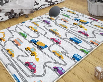 Road Construction Vehicles Kids Rug with Crane Bulldozer Excavator Playmat & Pillowcase - Heavy Equipment Nursery Carpet for Boys Room