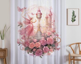 Fairy Princess Floral Pink Sheer Curtain for Girls Room, Lightweight Flowers Nursery Net Voile, Kids Room Window Drapes, Machine Washable