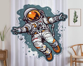 Astronaut Space Sheer Curtain for Kids Room –Boys Nursery Net Voile, Lightweight & Machine Washable - Matching Accessories