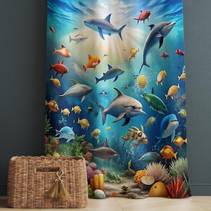 Under Sea Fishes Kids Curtains & Gift Pillow Covers, Custom Nursery Drapes Aquarium Fish Window Treatment for Child Bedroom Decor
