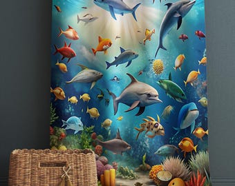 Under Sea Fishes Kids Curtains & Gift Pillow Covers, Custom Nursery Drapes Aquarium Fish Window Treatment for Child Bedroom Decor