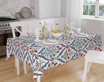 Red Tulips Floral Flowers Spring Botanical Ottoman Turkish Tablecloth, Modern Dining Accent Table Cover, Modern Kitchen Home Decor