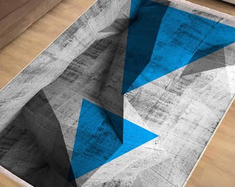 Blue Gray Arrow Area Rug Runner, Modern Geometric Abstract Carpet, Turkish Anti-Slip Floor Mat, Chenille Washable Rug, Housewarming Gift