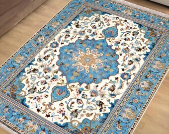 Blue Anatolian Classic Area Rug|Ethnic Oriental Turkish Rug|Vintage Carpet|Chenille Washable Rug |Ottoman Court Carpet|Turkish Kilim Rug