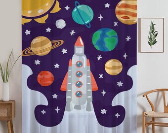 Planet Spaceship Sheer Curtain for Kids Room, Lightweight Sun Stars Moon Nursery Net Voile, Baby Room Window Drapes,