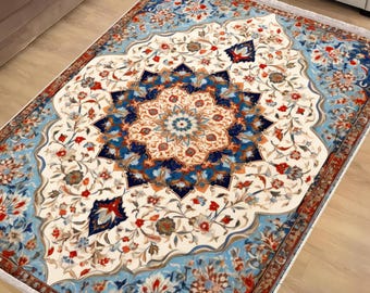 Persian Anatolian Classic Area Rug|Ethnic Oriental Turkish Rug|Vintage Carpet|Chenille Washable Rug |Ottoman Court Carpet|Turkish Kilim Rug