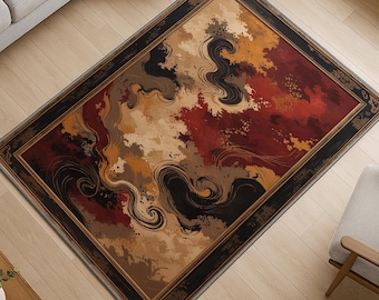 Abstract Area Rug - Washable Chenille Carpet with Antiqued Oriental Border - Red Gold Beige Swirling Pattern for Living Room or Home Decor