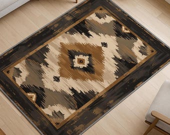 Southwestern Geometric Tribal Rug - Washable Chenille Carpet with Non-Slip Recycled Cotton Backing for Rustic and Boho Home Decor