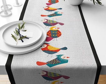 Table Runner Colorful Birds on Gray Background, Modern Dining Room Decor, Textile Accent, Unique Home Decoration, Farmhouse Decor