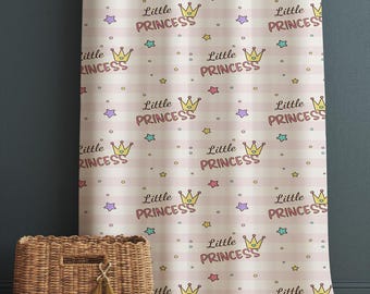Kids Room Curtain Little Princess Crown Stars Pink Lines, Custom Size Window Drapes for Girls Nursery Decor