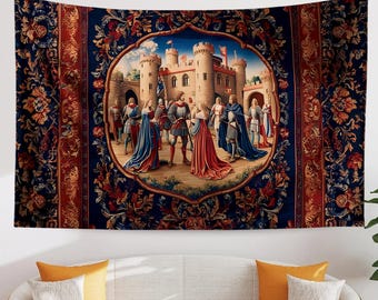 Medieval Castle Wall Tapestry in Red Burgundy – European Princess Castle Decor for Bedroom & Living Room