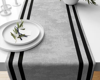 Table Runner Gray Watercolor Geometric Design with Black Border Lines, Traditional Dining Room Textile Accent, Modern Home Decor