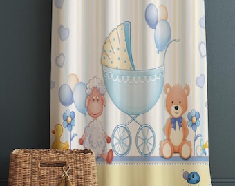 Nursery Curtains with Cute Blue Ship Lamb Bear Animals – Custom Kids Room Drapes, Boys Baby Room Decor with Gift Pillow Covers