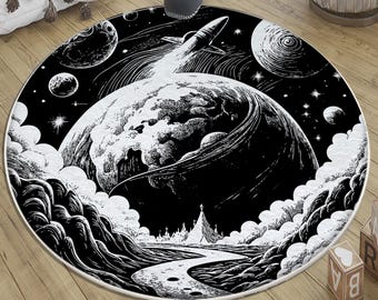 Space Theme Kids Nursery Rug Round Black White Planets Moon Washable Non-Slip Rug with Pillowcase Gift Baby Room Decor