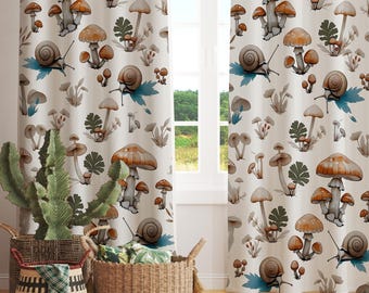 Mushroom Curtains for Kids Room – Forest Animal Snail Print Woodland Drapes, Custom Size Nursery Window Decor