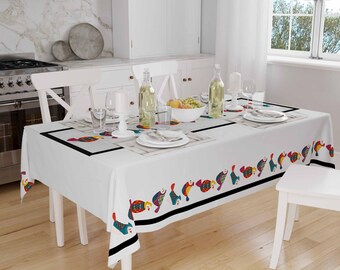 Colorful Birds Border White Background Animal Pattern Tablecloth, Modern Dining Accent Table Cover, Rectangle tablecloth, Housewarming gift