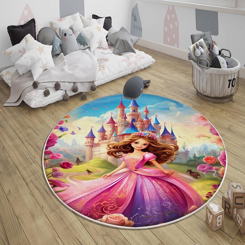 Fairy Rug Round Round Colorful Fairy Princess Castle Kids Room Rug With Pillowcase ...