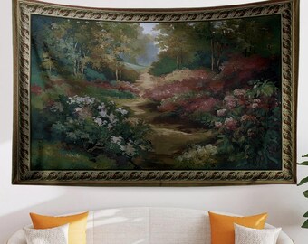 Vintage French Garden Botanical Tapestry Verdure Wall Hanging with Château Garden, Moody Dark Cottagecore Decor for Bedroom and Living Room
