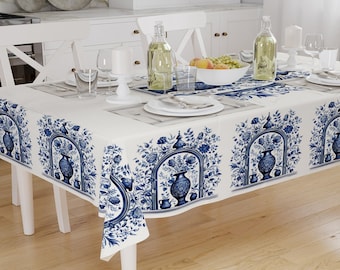 Art Deco Tablecloth Blue Vintage Vase Floral Ottoman Pattern Turkish Linen Accent for Modern Dining Decor