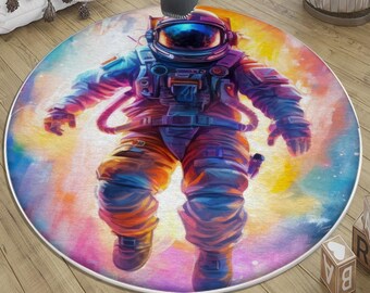 Space Themed Round Kids Rug with Astronaut Design & Pillow Case, Colorful Nursery Room Decor, Baby Toddler Gift